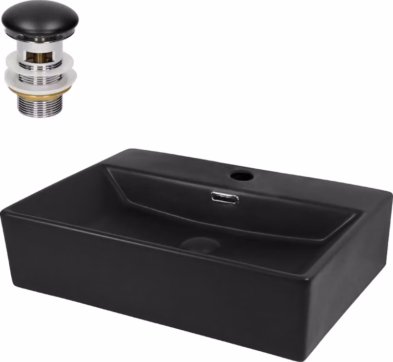 Lavabo LuxeBath Lavabo da appoggio Square, 51,5x36x13 cm, nero, in Vetroceramica, incl. set di scarico con troppopieno