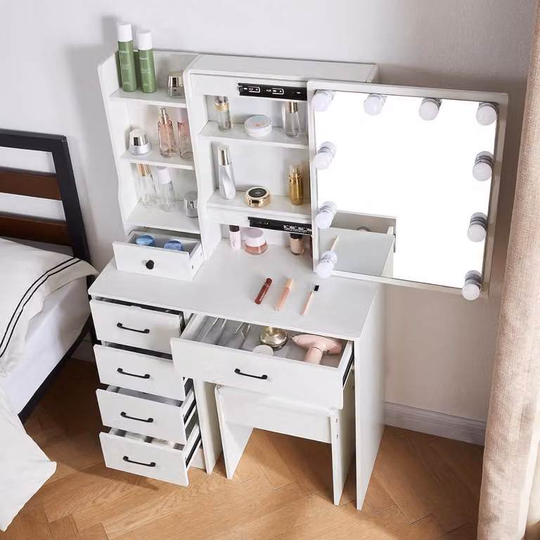 Comò da trucco con sgabello e specchio, illuminazione a LED, 6 cassetti, bianco, 36x80x131 cm