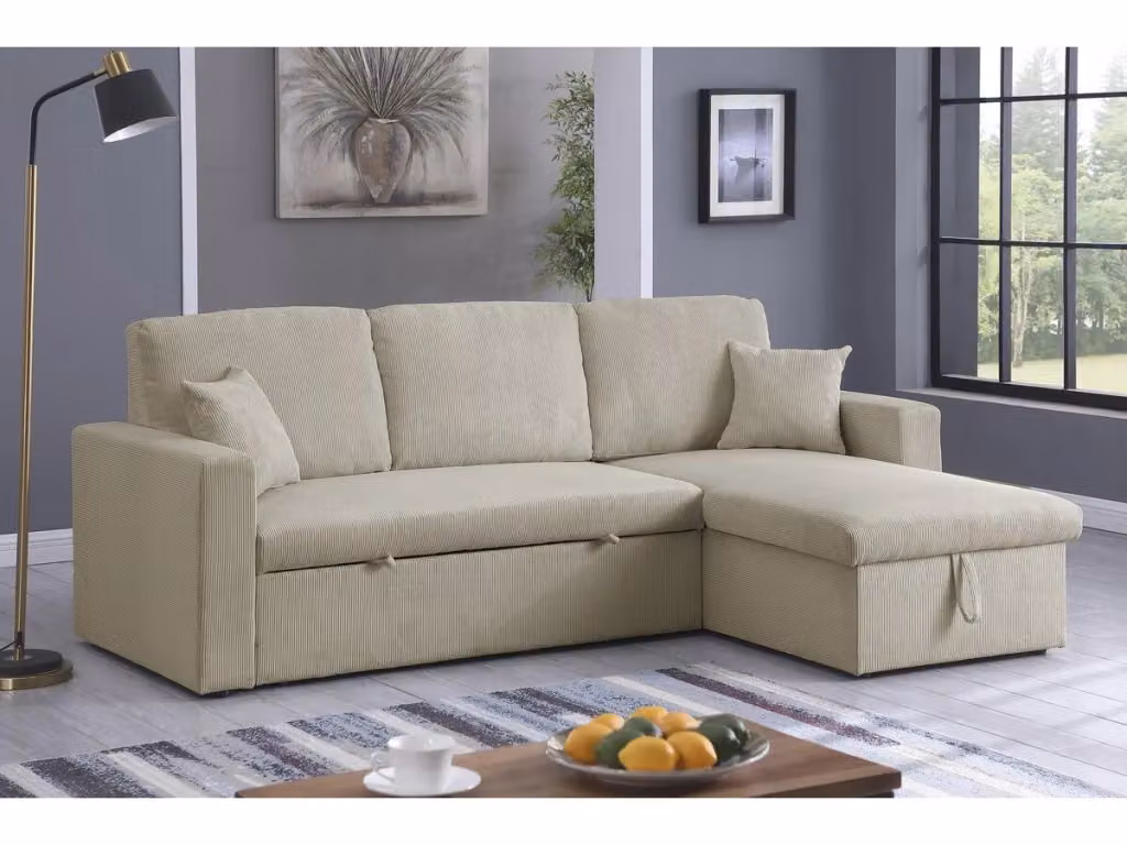 Divano letto angolare Alain in velluto a coste beige con funzione letto e cuscini inclusi, L/P/H: 221 x 145 x 85 cm – 2