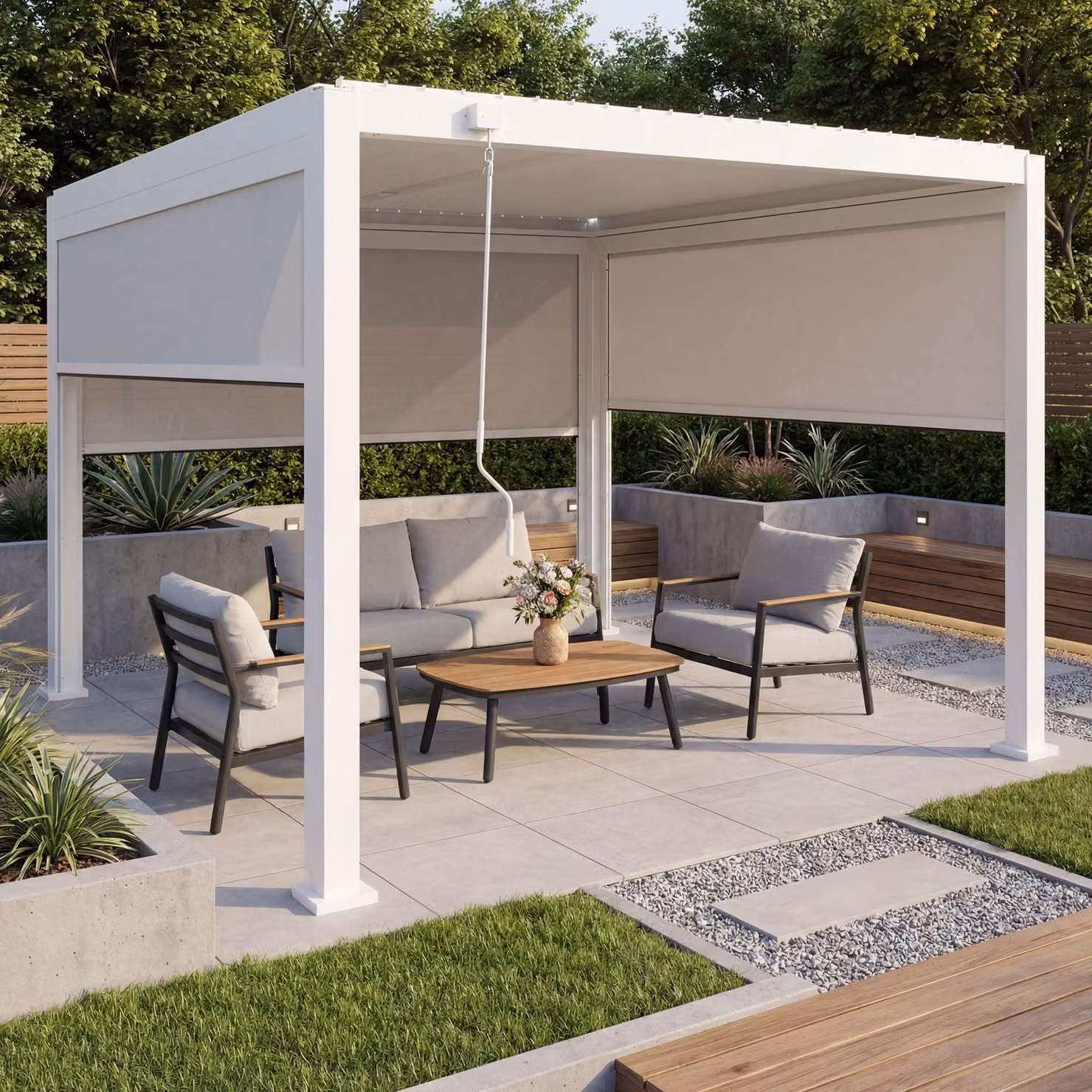 Pergola HWC-P65 con 3 pareti laterali, tenda a rullo, copertura per terrazza, gazebo a lamelle da giardino, telaio in alluminio da 10 cm, 3x3 m ~ bianco