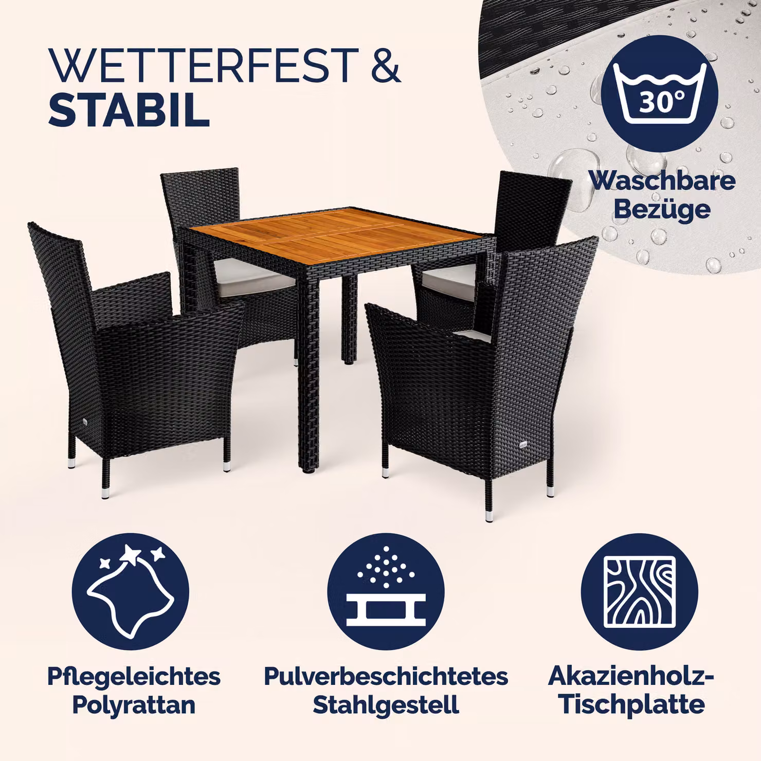 Set da giardino Casaria Corfu in polyrattan e legno di acacia, 5 pezzi, nero e beige – 2