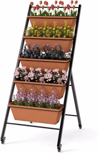 Letto da giardino rialzato a 5 livelli con 5 contenitori in metallo e plastica, Marrone