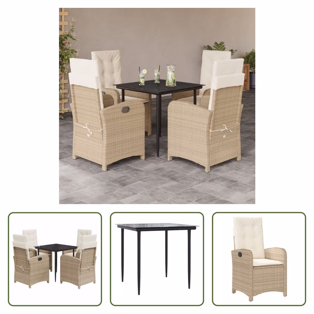 The Living Store Set da pranzo da giardino 5 pezzi con cuscini Beige poly rattan