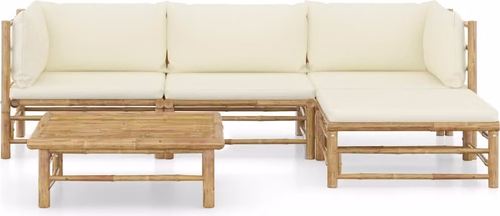Set Salotto da Giardino 5pz con Cuscini Bianco Crema in Bambù
