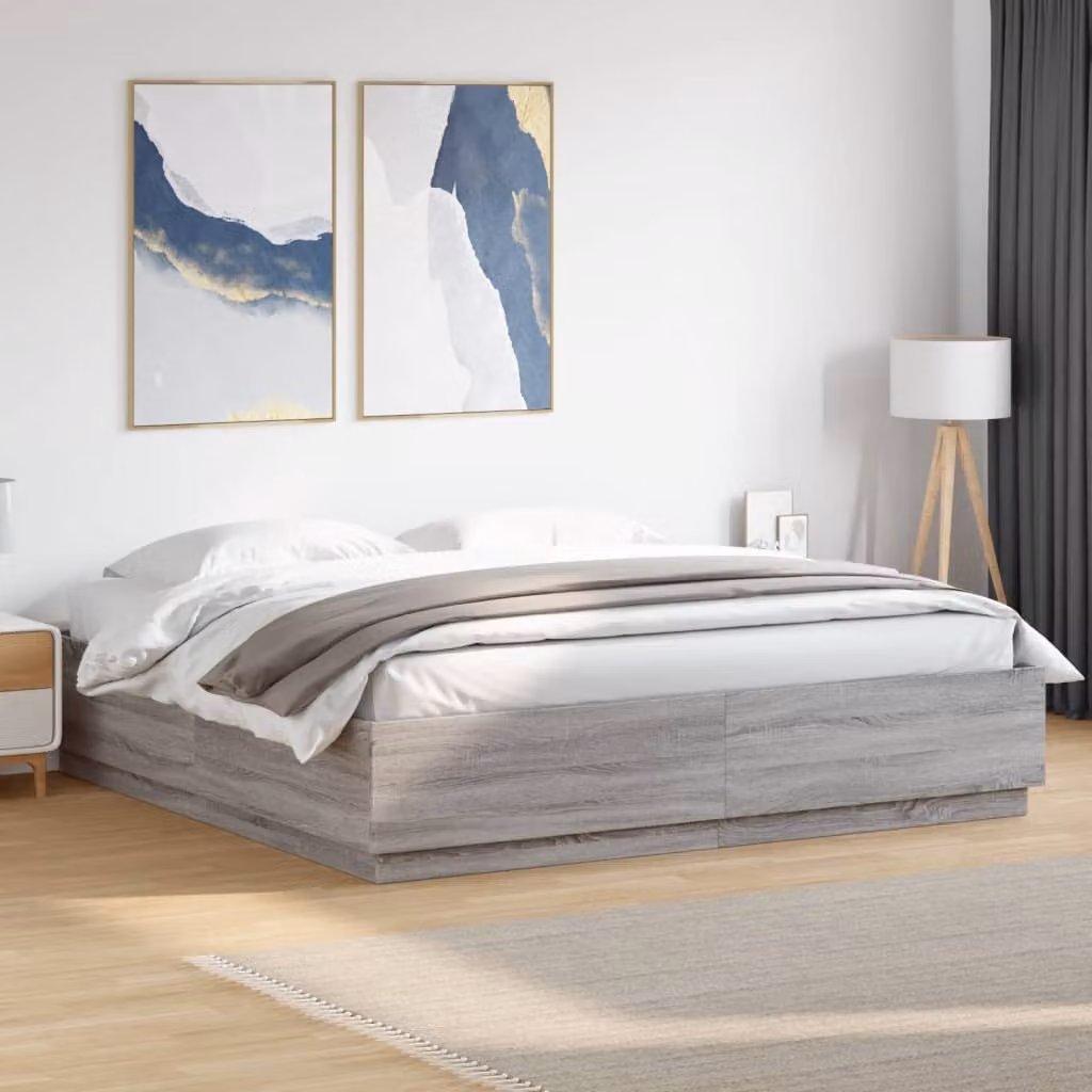 vidaXL Giroletto Moderno in Legno con Luci LED Sotto il Letto e Porta USB, Grigio, 200x200 cm – 1