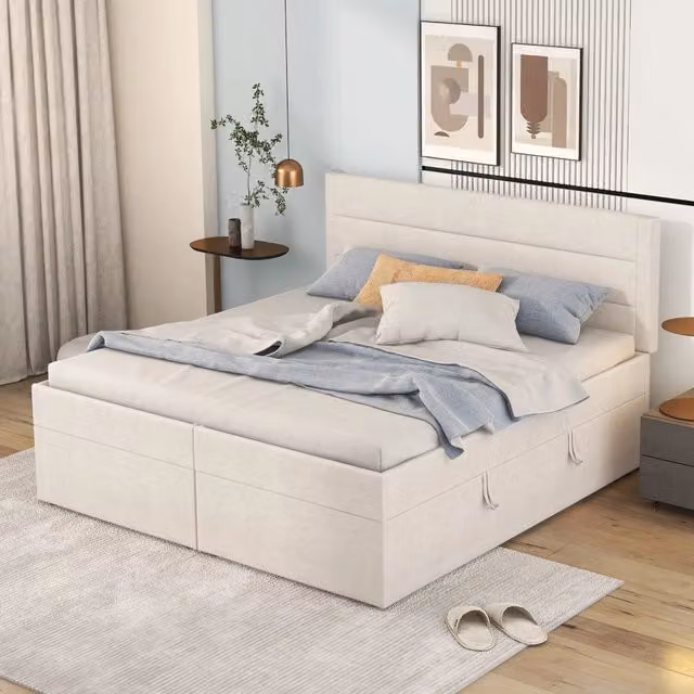 Letto contenitore matrimoniale Chicfurn in legno e tessuto beige con rete sollevabile L/P: 140 x 200 cm