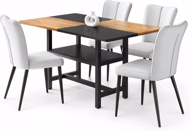 Set tavolo e sedie, tavolo rettangolare e 4 sedie con ripiano, in MDF, metallo e PU grigio chiaro e nero