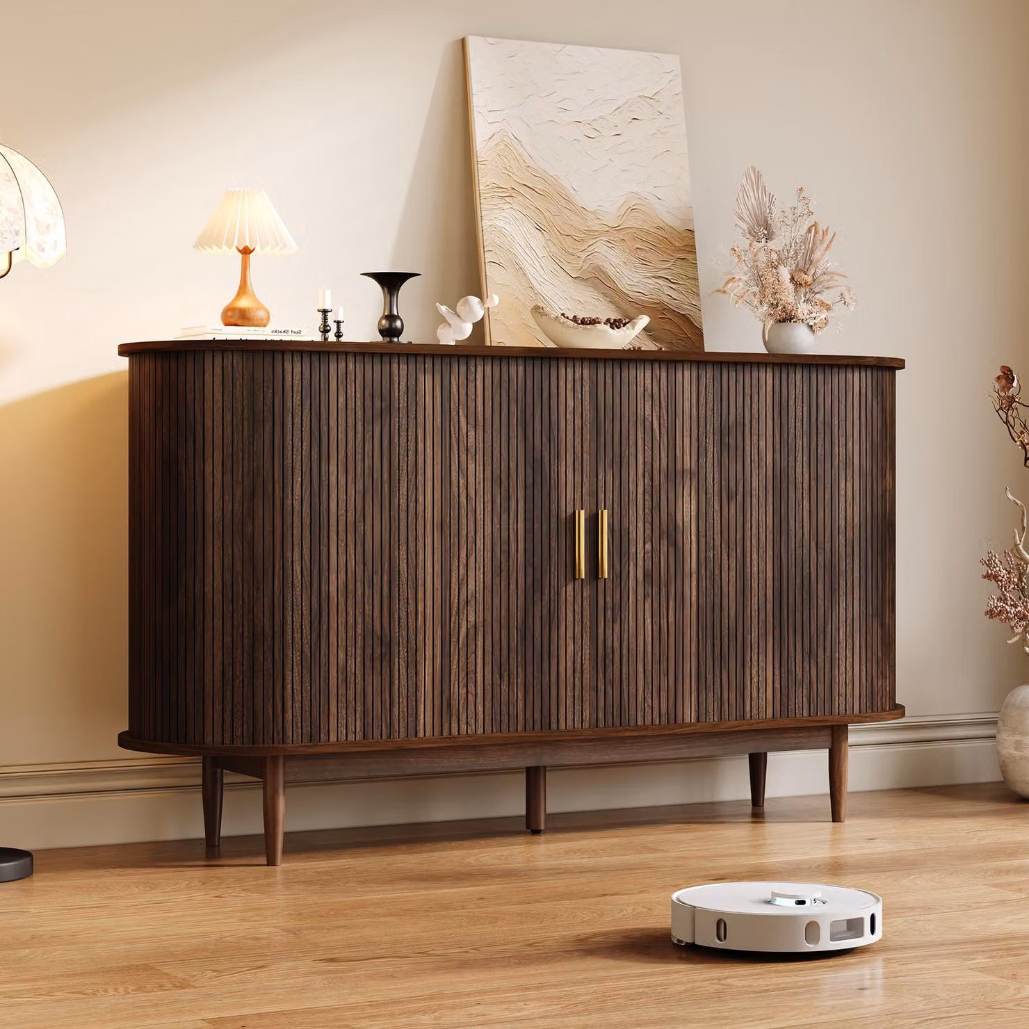 Mobile contenitore MODFU con 2 ante scorrevoli, mobiletto contenitore con ante a battente e cassetto, credenza 140×40×78 cm, armadio per il soggiorno con spazio contenitivo, noce