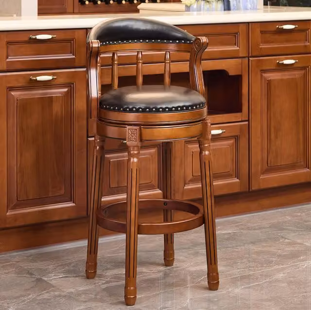 Sgabello da bar girevole 360° con schienale; seduta 29;5”; pelle e legno nero