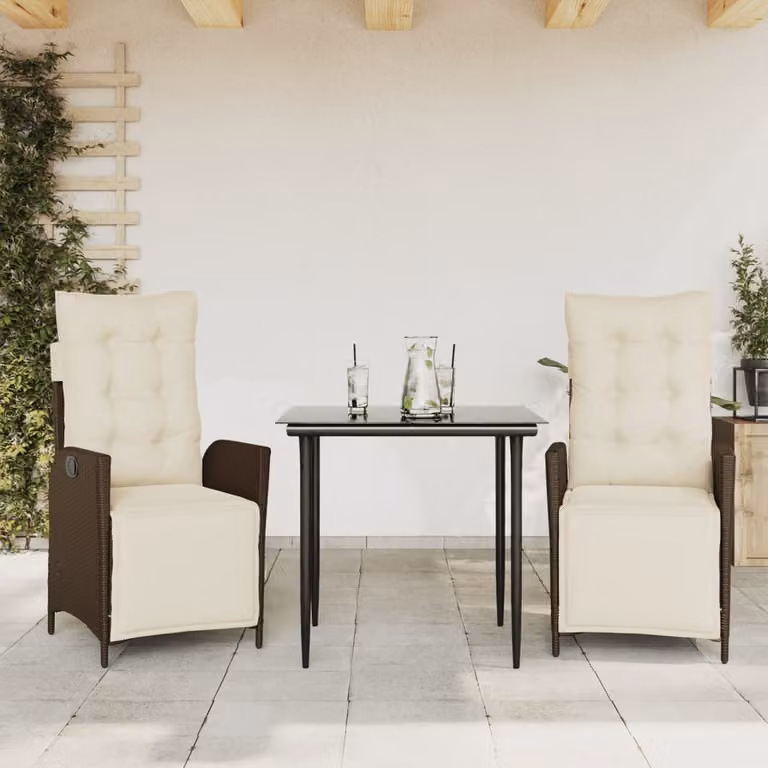 Set da Pranzo da Giardino 3pz vidaXL in Polyrattan Marrone con Piano in Vetro e Cuscini