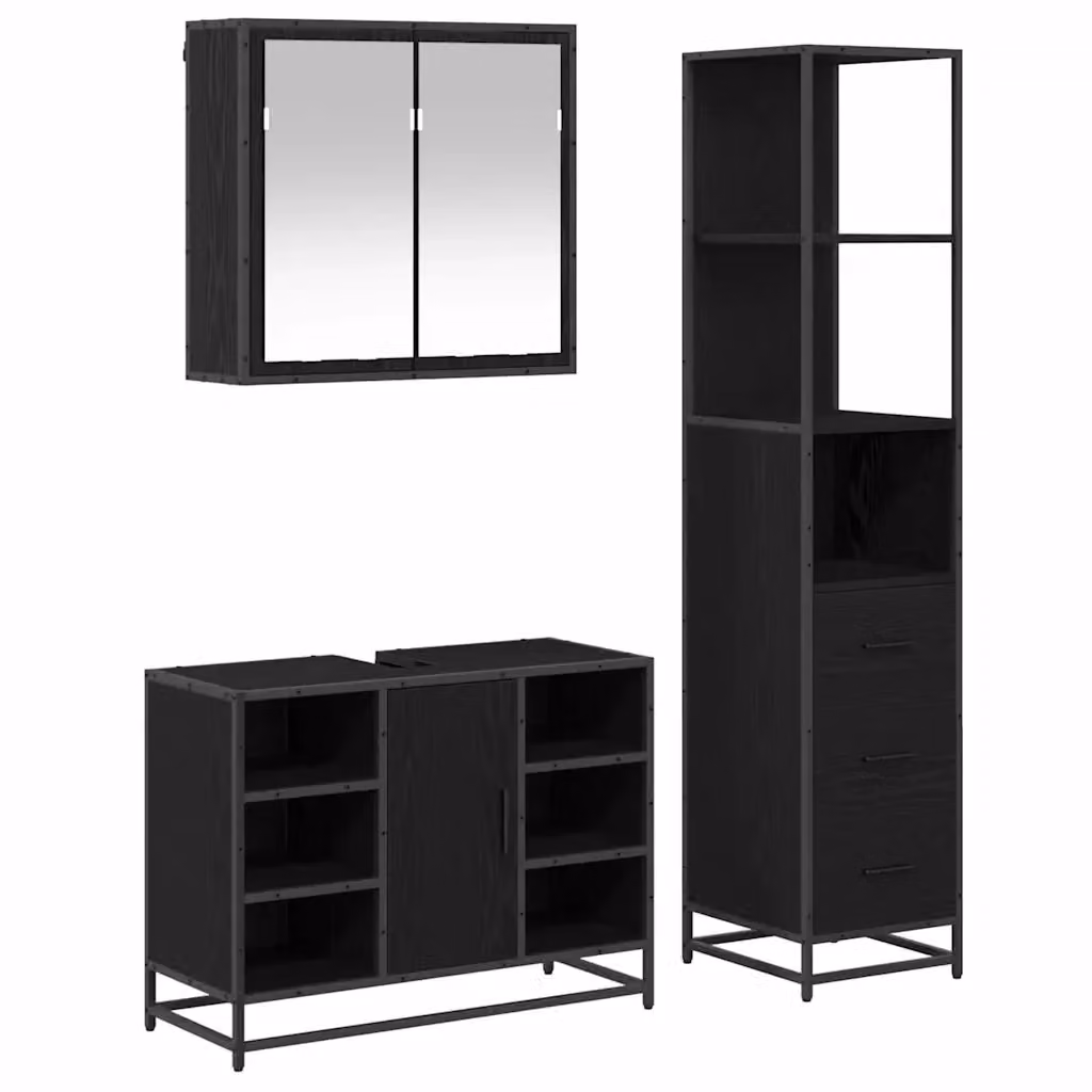 Set di mobili per il bagno vidaXL 3 pezzi in rovere e nero con armadietto a specchio, mobile lavabo e colonna alta L/P/H: 80 x 33 x 166 cm – 2