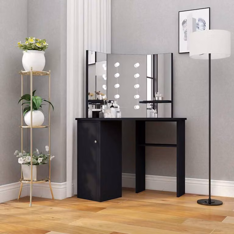 vidaXL Tavolino da Trucco Angolare con LED Nero L: 111 cm, P: 54 cm, H: 141,5 cm
