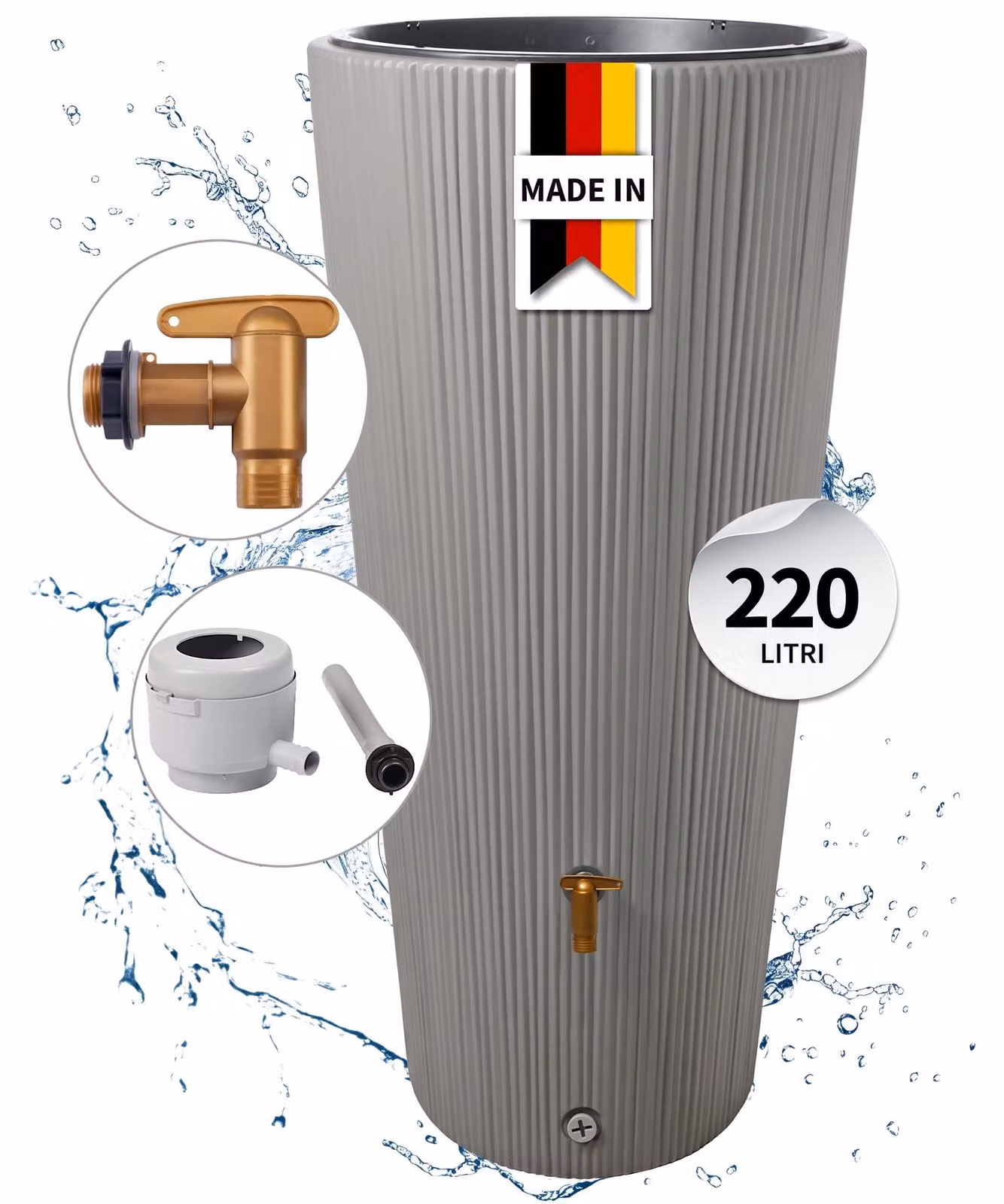 4rain VASO 2in1 DECOR serbatoio per pioggia 220 litri grigio zinco incl. rubinetto in plastica e raccordo pluviale