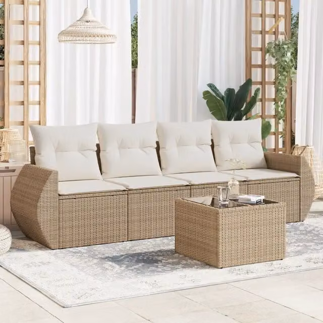 Set Divano da Giardino Moderno VIDAXL in Polyrattan con Cuscini Beige e Ottoman, 5 Pezzi