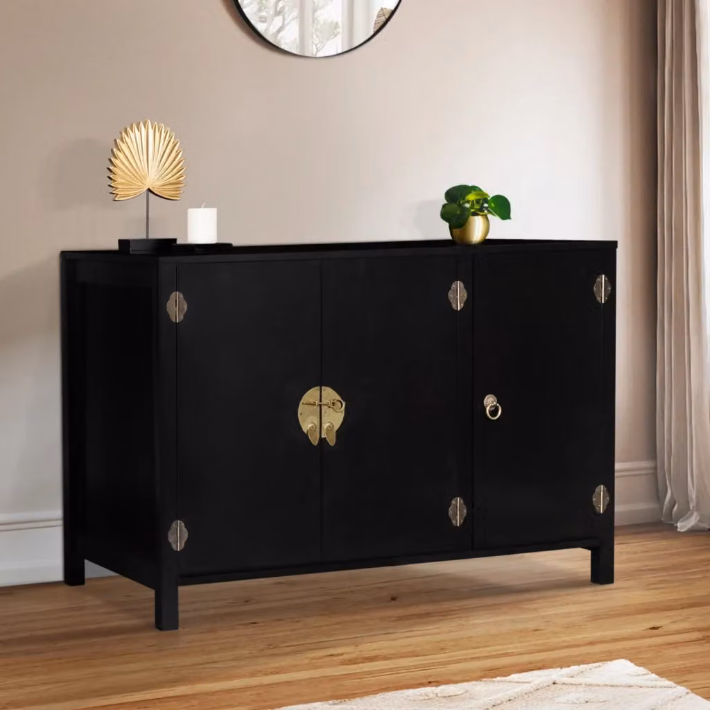 Credenza bassa YANG IDMarket con 3 ante in legno nero e dettagli bronzo, stile moderno per soggiorno o camera da letto, L: 100 cm, P: 40 cm, H: 70 cm – 2