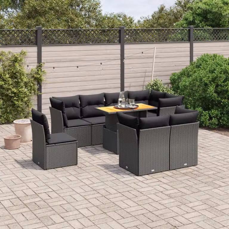 vidaXL Set Divani da Giardino 9 pz a Forma a L con Cuscini Nero in Polyrattan e Legno di Acacia