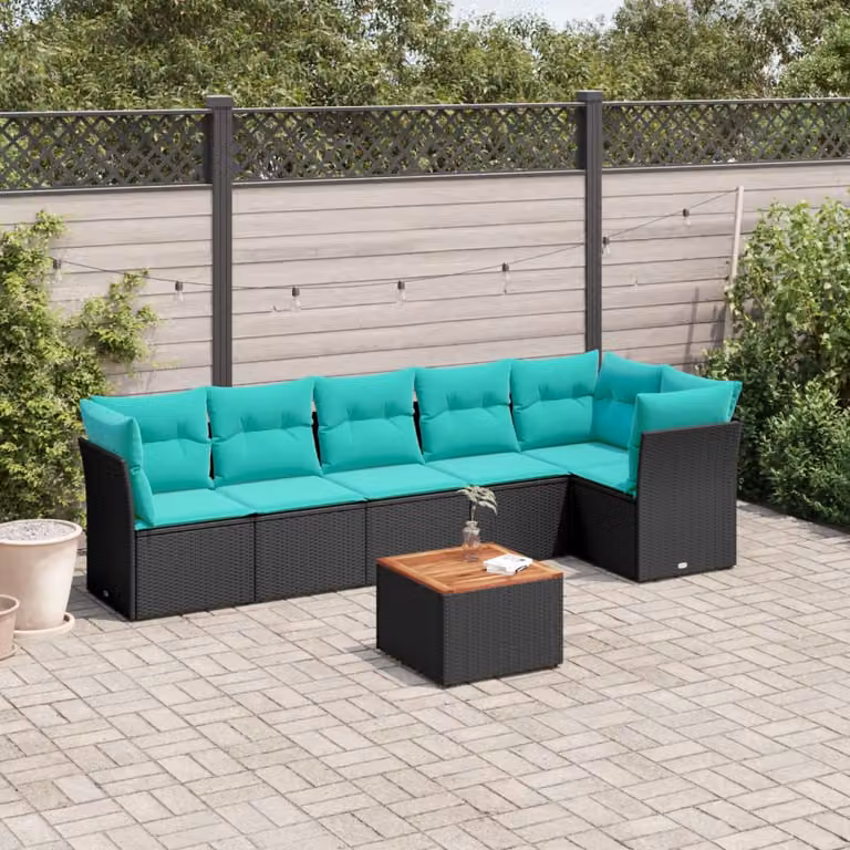 Set Divani da Giardino vidaXL 7 Pezzi in Polyrattan con Cuscini e Tavolino, Design Moderno a L con Struttura in Legno di Acacia e Colore Nero