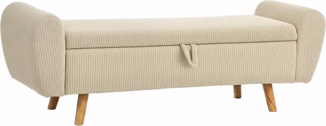 Panca contenitore, panca imbottita effetto velluto a coste, gambe in legno e braccioli arrotondati, beige