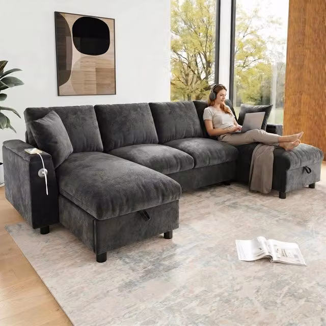 Divano angolare a U con contenitore ¨C Minimal ¨C Grigio tessuto 284x135x84 cm