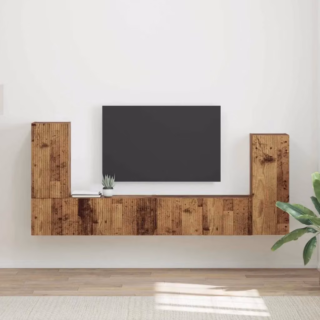 Set di 4 pezzi mobile porta TV moderno in legno multistrato color marrone effetto legno vecchio per soggiorno o ufficio, modello a parete DESIGN IN – 2