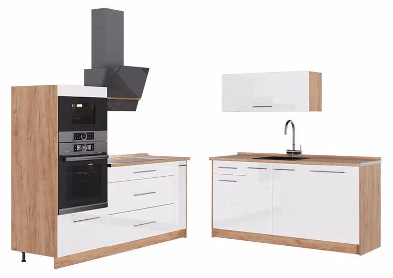 Cucina Vicco Fame-Line Bianco lucido/Rovere dorato 340 cm senza piano di lavoro, Model 63716