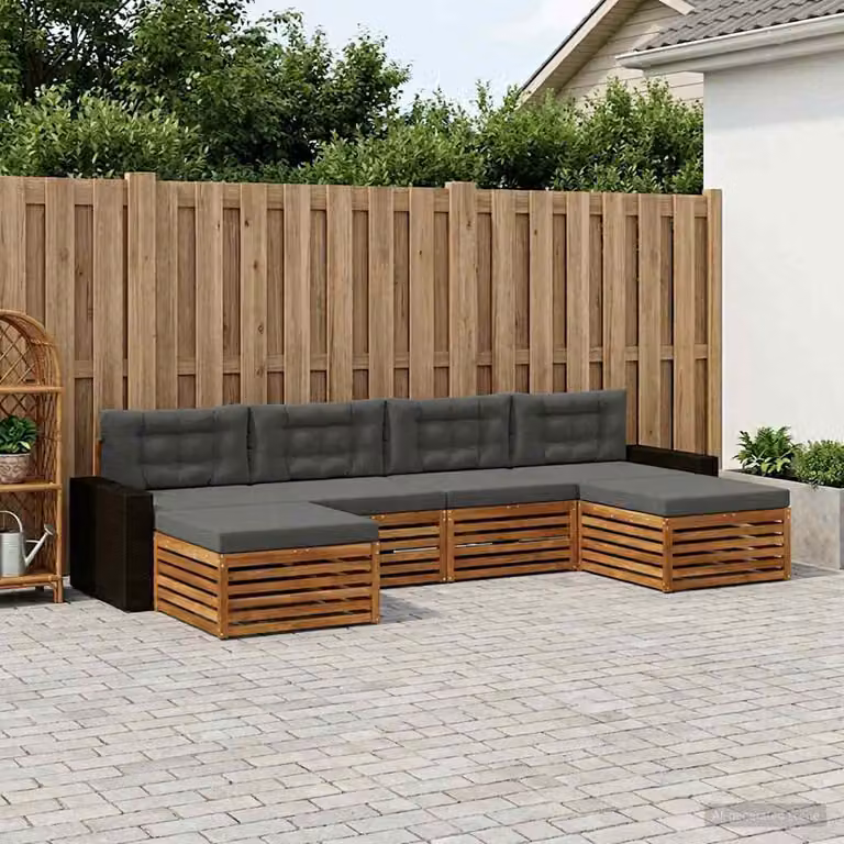 Set di divani da esterno vidaXL a forma di L in legno di acacia massello con cuscini, 6 pezzi, marrone e grigio