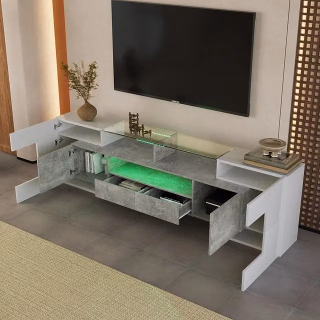 Mobile TV con 6 ante 2 cassetti 3 vani illuminazione LED multicolore MDF bianco lucido effetto cemento 200 × 35 × 60 cm