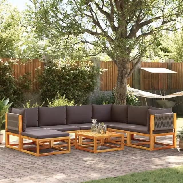 Set di divani da giardino vidaXL a forma di L composto da 8 pezzi in legno di acacia con cuscini grigi e tavolino da esterno