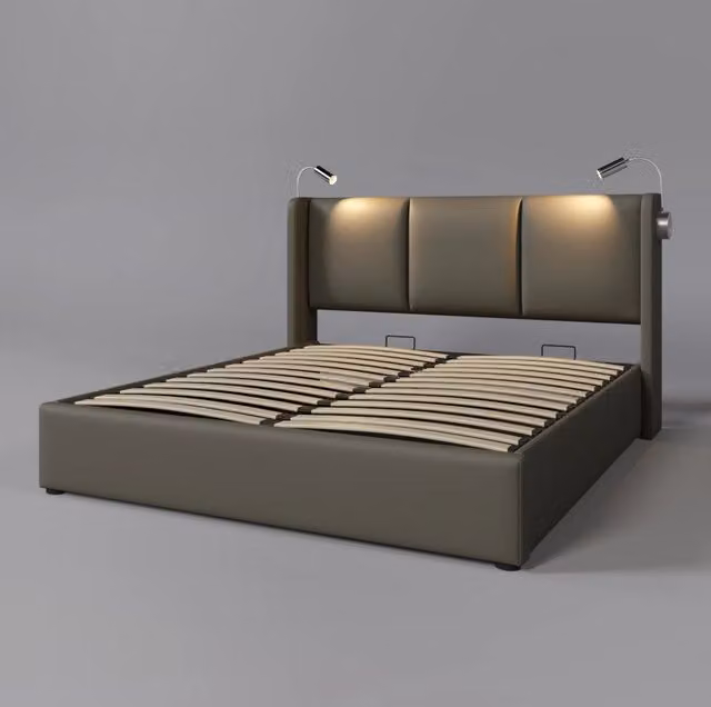 Letto matrimoniale imbottito con contenitore, testiera con luce da lettura e ricarica USB, 140x200 cm, struttura in legno massello, PU e metallo, senza materasso
