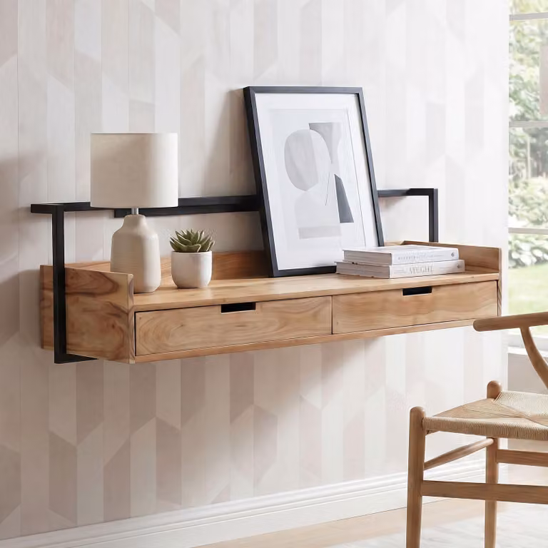 Scrivania a parete in legno massello di acacia, 120 cm, con 2 cassetti. Scrivania da parete sospesa, design moderno, con spazio contenitivo. Prodotto artigianale