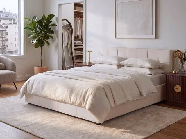 Letto imbottito in tessuto beige chiaro con contenitore 160 x 200 cm dal design moderno