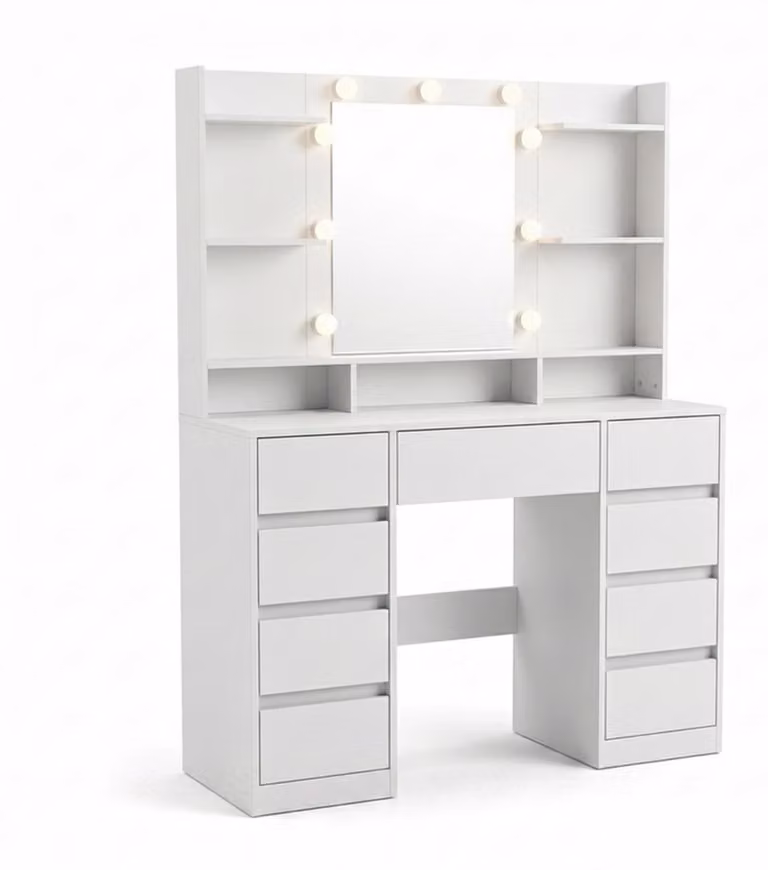 Relaxdays, tavolino da trucco con specchio a LED e contenitore superiore, tavolino da parrucco, 9 cassetti, dimensioni: 144x107x40 cm, tavolino per cosmetici, bianco