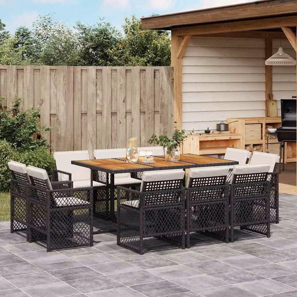 vidaXL Set da Pranzo da Giardino 11 pz in Polyrattan e Legno di Acacia con Cuscini Nero – 1