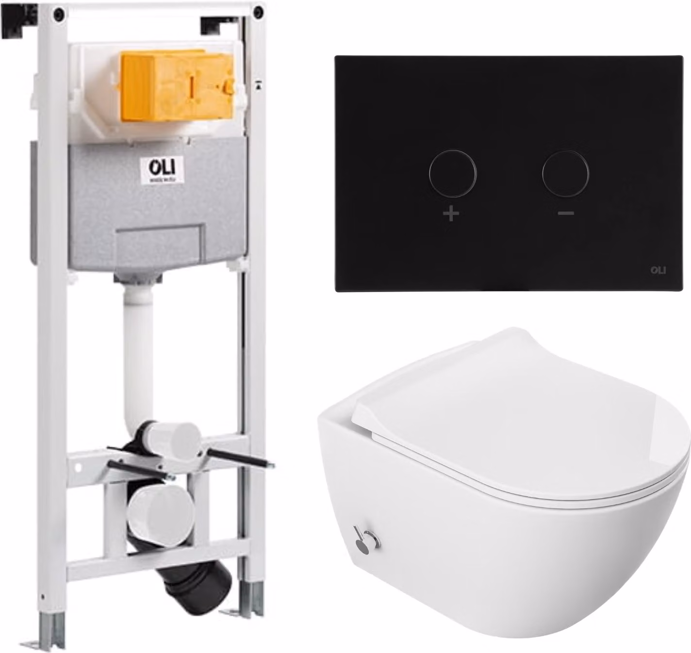 Domotechnika | Set di vasi sospesi Viba - cassetta di sicurezza - cassetta senza bordo - bianco - bidet integrato - superficie Easy Clean - pomolo nero