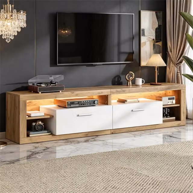 Mobile TV Minimal con illuminazione LED integrata, colore bianco e beige con finitura legno, L/P/H: 180 x 35,5 x 50 cm – 1