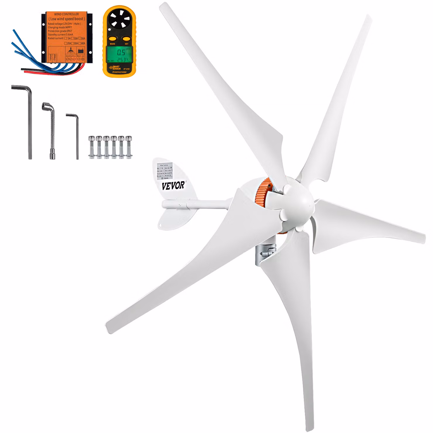 Generatore eolico VEVOR, set di turbine eoliche 12 V/AC, generatore di energia eolica da 400 W con controller MPPT, 5 pale, regolazione automatica del vento, adatto per terrazza, marina, camper, chalet, barca
