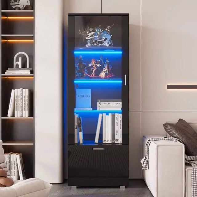 Vetrina collezionismo illuminata LED - Xylo - Porte nere lucide (3 ripiani)