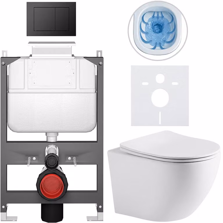 Set completo per WC sospeso "Cesso" - bianco opaco - pulsante Prime/Maxio, nero - comando superiore - installazione a muro/con pannello di cartongesso - 49x36 cm
