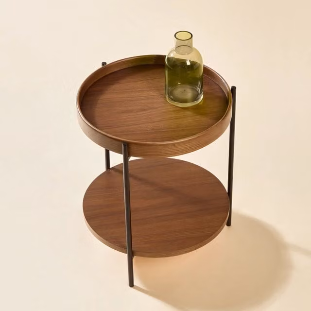 Tavolino da salotto rotondo Zephmum con vassoio a 2 livelli in legno e metallo, L/P/H: 44 x 44 x 48 cm