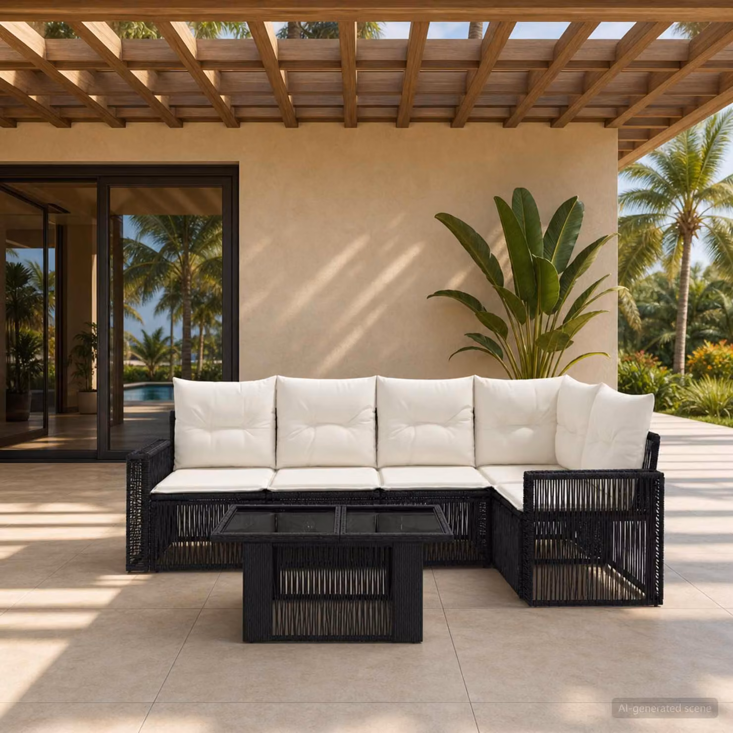Set Divano da Giardino vidaXL in Polyrattan 6 Pezzi con Tavolino e Cuscini, Design Moderno a L, Nero e Bianco