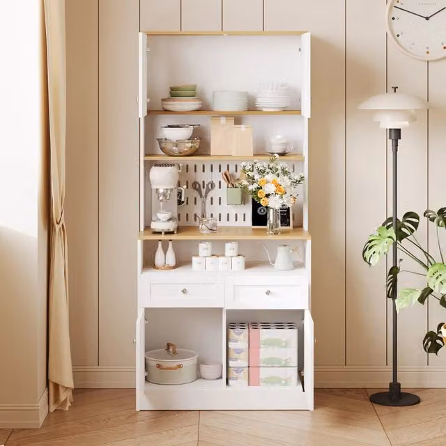 Credenza da cucina alta con 2 cassetti, ante scorrevoli e pannello forato, bianco e legno naturale, 80 × 40 × 175 cm