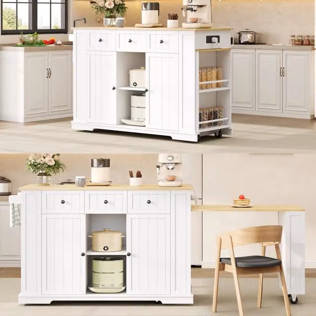 Isola cucina mobile con tavolo estraibile; legno ingegnerizzato FSC; 5 ruote; 138 x 55 x 93 cm