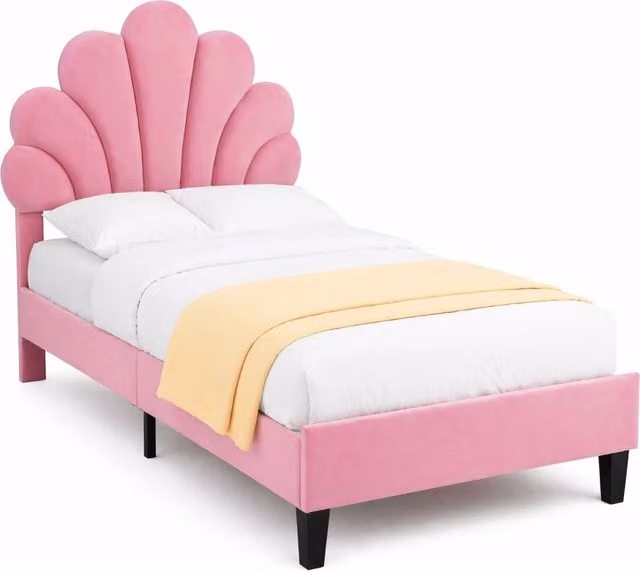 Letto singolo 90x200 cm con testiera a fiore e rete a doghe; velluto rosa