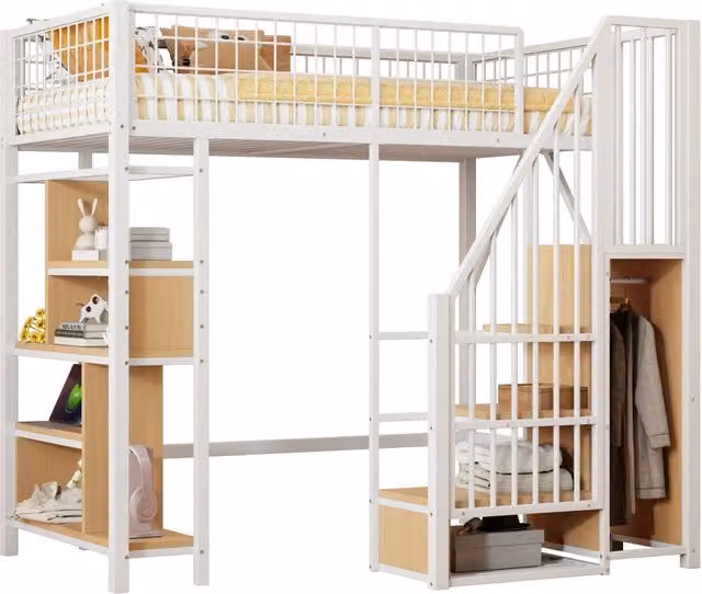 Letto a soppalco 90x200 cm in metallo e legno; bianco; con scala contenitore