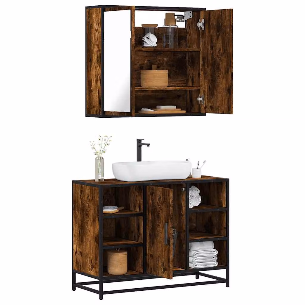 Set di mobili da bagno vidaXL in stile industriale composto da mobile lavabo e armadietto con specchio, colore marrone, in legno e metallo