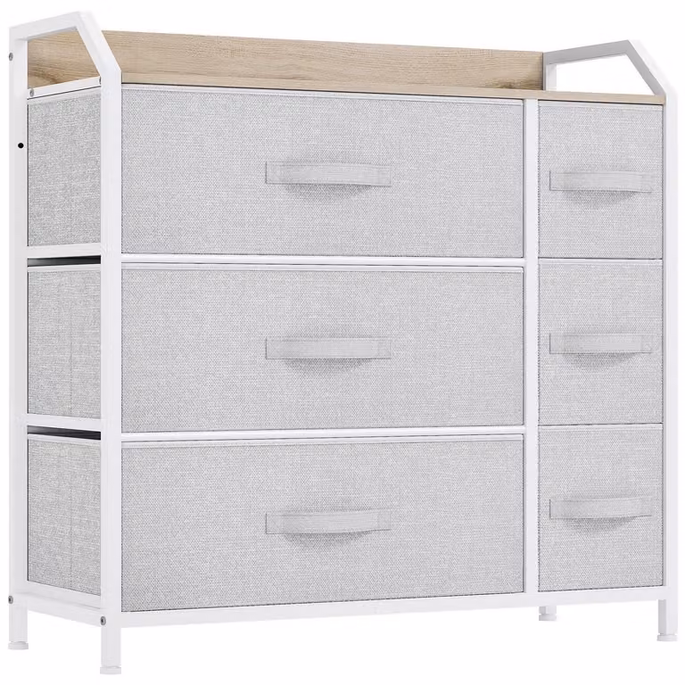 Comodino con 6 cassetti rivestiti in tessuto, colore grigio chiaro, dimensioni 80x29x79 cm, struttura in metallo
