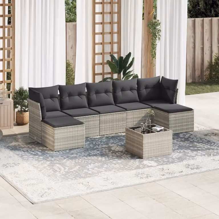 vidaXL Set Divano da Giardino a L in Polyrattan Grigio con Cuscini e Tavolino da 8 Pezzi