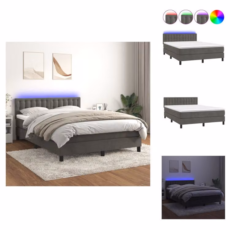vidaXL Letto a molle con materasso e LED in velluto grigio scuro 140x200 cm - Letti & strutture letto