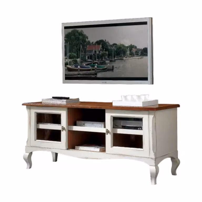 Porta TV Shabby Chic Mobili 2G in Legno Bianco e Marrone con 2 Porte Scorrevoli L: 146 cm, P: 50 cm, H: 65 cm