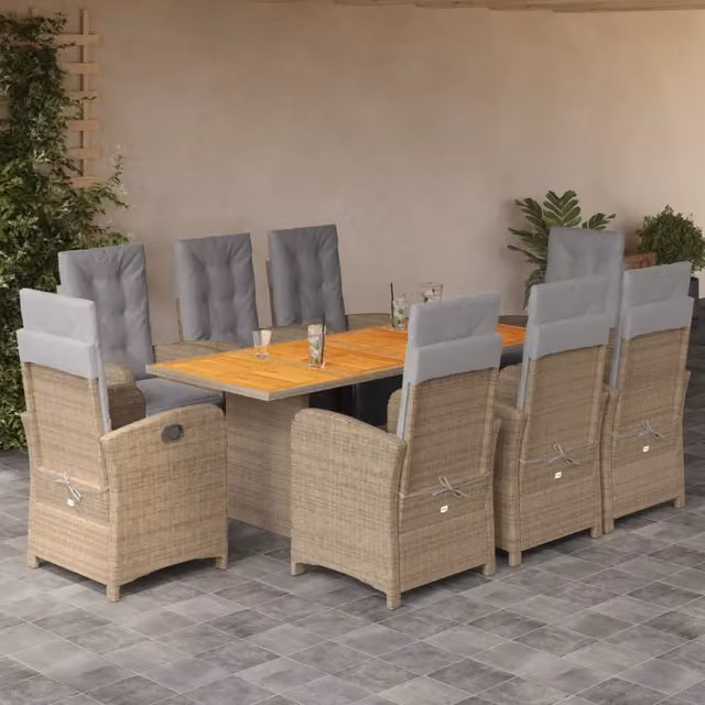 Set da Pranzo da Giardino 9 pz vidaXL in Polyrattan con Cuscini Beige e Grigio e Piano in Legno di Acacia – 1